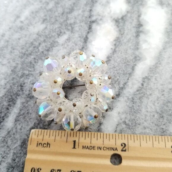Vintage Beaded Cluster Wreath Circle Brooch, AB Crystal Clear Beads, Unsigned Es - Picture 4 of 5